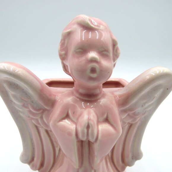 Vintage Wall Pocket Pink Ceramic Singing Angel Figurine 6" Planter Vase - Picture 9 of 10